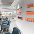Modern Hair and Beauty Salon Interior Featuring Blue Chairs Mirrors Product Shelves And Bright Lighting