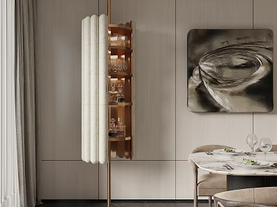 Elegant Modern Wine Cabinet With Glass Shelves Wine Glasses And Decorative Painting Near Dining Table 3d model