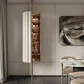 Elegant Modern Wine Cabinet With Glass Shelves Wine Glasses And Decorative Painting Near Dining Table