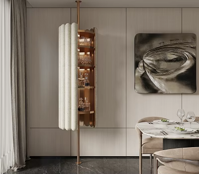 Elegant Modern Wine Cabinet With Glass Shelves Wine Glasses And Decorative Painting Near Dining Table 3d model