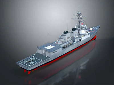 Modern Military Warship With Gray Hull Red Bottom Deck And Radar Antenna System 3d model