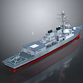 Modern Military Warship With Gray Hull Red Bottom Deck And Radar Antenna System