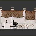 Medieval Wooden Market Stall Structure With Canopy Cloth Geometric Patterns Pillars Fence And Benches