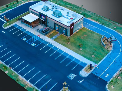 Detailed Cartoon Scenery Aerial View Building Parking Lot Lawn and Pavilion 3d model