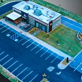 Detailed Cartoon Scenery Aerial View Building Parking Lot Lawn and Pavilion
