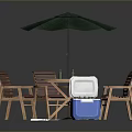 Outdoor Furniture Set Featuring Green Umbrella Hexagonal Wooden Table Four Chairs And Blue Cooler