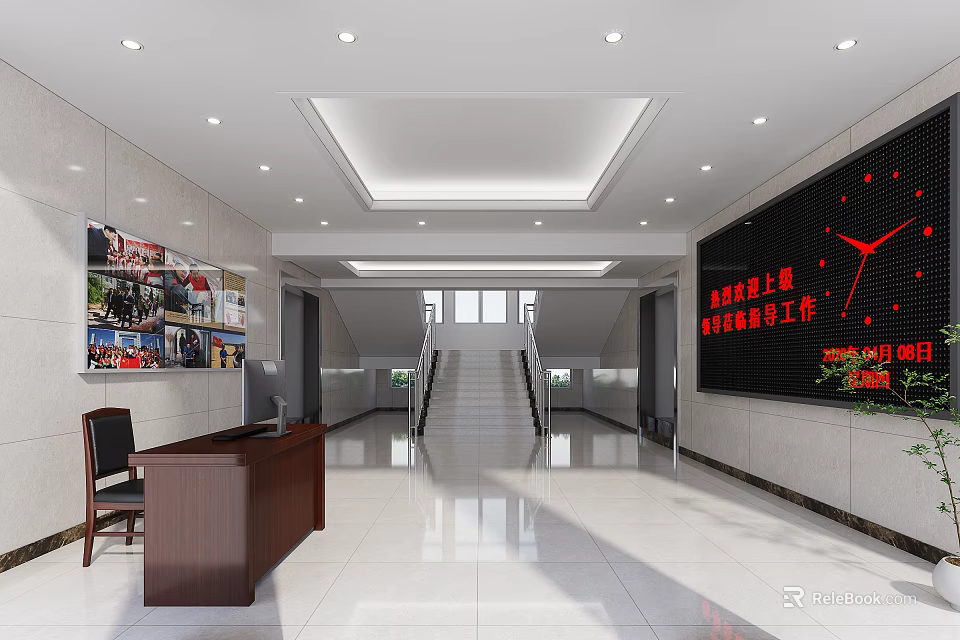 Modern Spacious Office Corridor With Staircase Reception Desk And Wall Display Screen 3d model 
