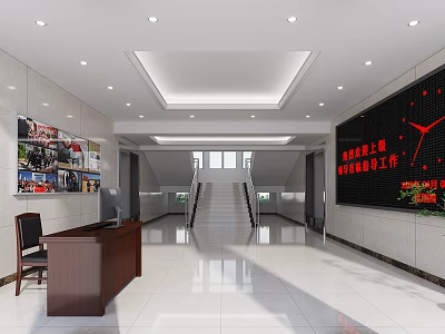 Modern Spacious Office Corridor With Staircase Reception Desk And Wall Display Screen 3d model