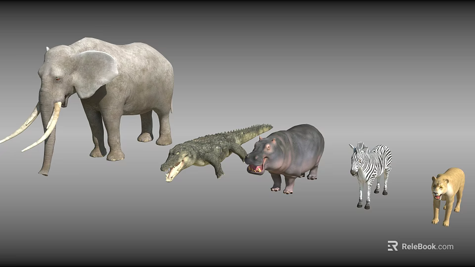 Detailed Realistic Crocodile Reptile Model With Elephant Hippo Zebra Figurines 3d model 