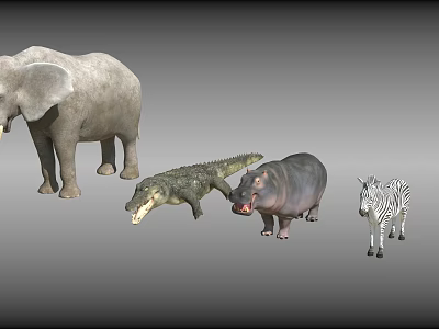 Detailed Realistic Crocodile Reptile Model With Elephant Hippo Zebra Figurines 3d model