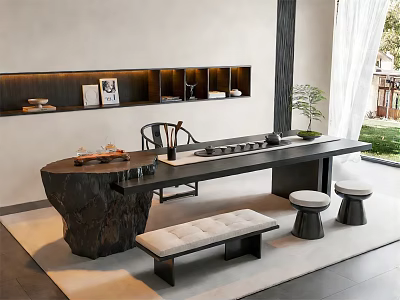 Natural Wood Tea Table and Chairs with Bench Stools and Tea Sets in Modern Room 3d model
