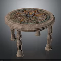 Decorative Round Wooden Table With Colorful Floral Patterned Tabletop And Carved Legs