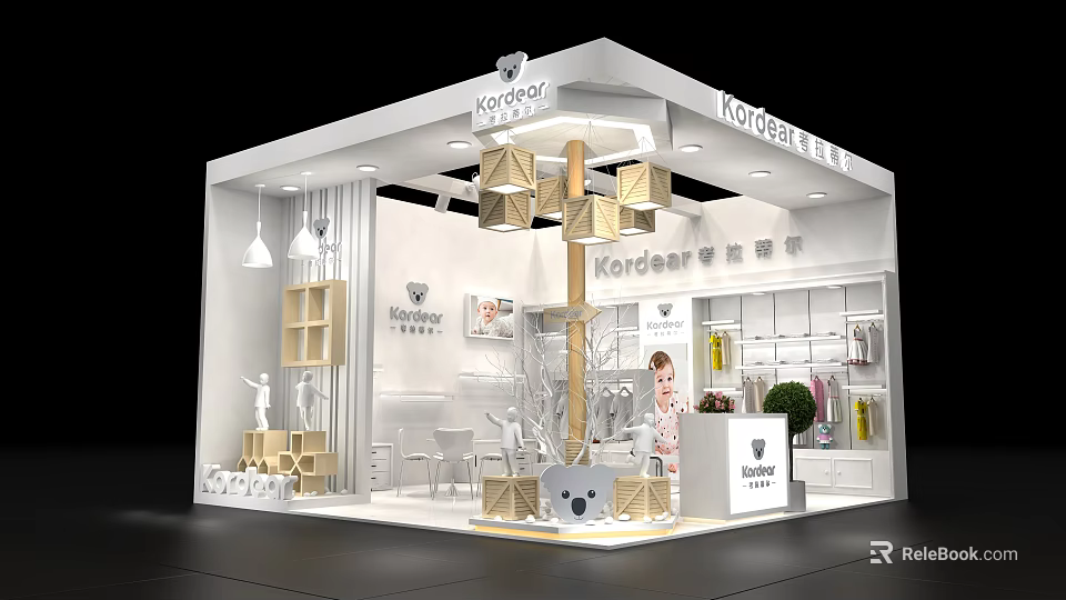 Kordear Modern Exhibition Booth With Display Shelves Dolls Hanging Lamps Green Plants And Wooden Decorations 3d model 