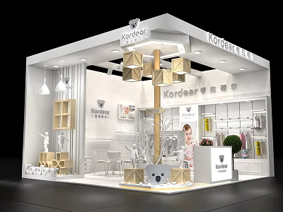 Kordear Modern Exhibition Booth With Display Shelves Dolls Hanging Lamps Green Plants And Wooden Decorations 3d model
