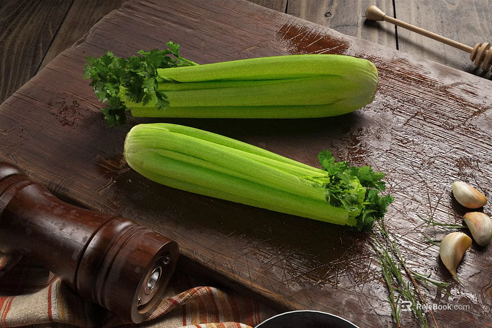 Fresh Green Celery Stalks On Wooden Cutting Board With Garlic Herbs And Pepper Grinder 3d model 