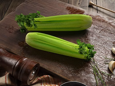 Fresh Green Celery Stalks On Wooden Cutting Board With Garlic Herbs And Pepper Grinder 3d model