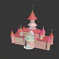 Cartoon Fairy Tale Pink Castle Scene With Multiple Towers And Flags On Spires