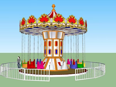 Colorful Swing Amusement Ride With Red Gold Decorative Top And White Fence 3d model