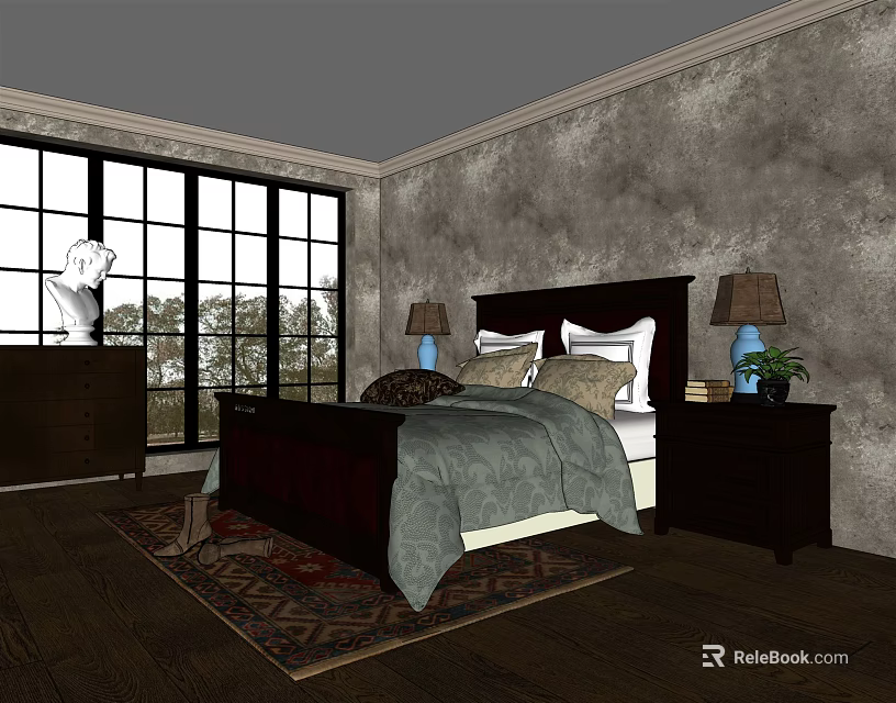 Double Bed with Dark Wooden Headboard Light Gray Comforter Nightstands Table Lamps and Patterned Rug 3d model