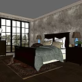 Double Bed with Dark Wooden Headboard Light Gray Comforter Nightstands Table Lamps and Patterned Rug 3d model