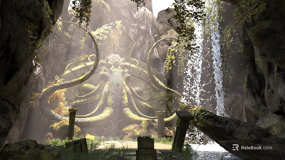 Cartoon Scene Featuring Giant Octopus Waterfall Rocks Vines And Stone Pillars With Sunlight Through Leaves 3d model 