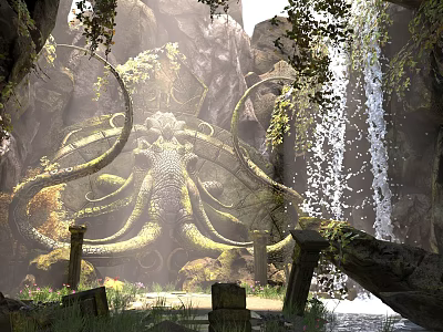 Cartoon Scene Featuring Giant Octopus Waterfall Rocks Vines And Stone Pillars With Sunlight Through Leaves 3d model