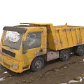 Yellow Functional Dump Truck with Rusty Exterior and Large Tires for Construction Site Transportation Needs