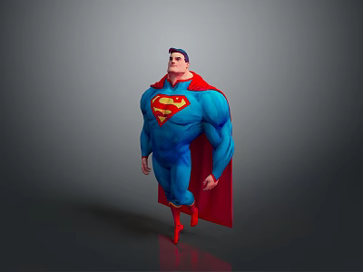 Muscular Man In Blue Superman Costume With Red Cape And Yellow Emblem 3d model