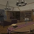 Classic Study Room Interior With Wooden Bookshelves Fireplace Chandeliers Sofa And Table Runner