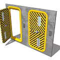 Yellow Security Door With Black Diagonal Stripes Open And Closed States On Gray Wall