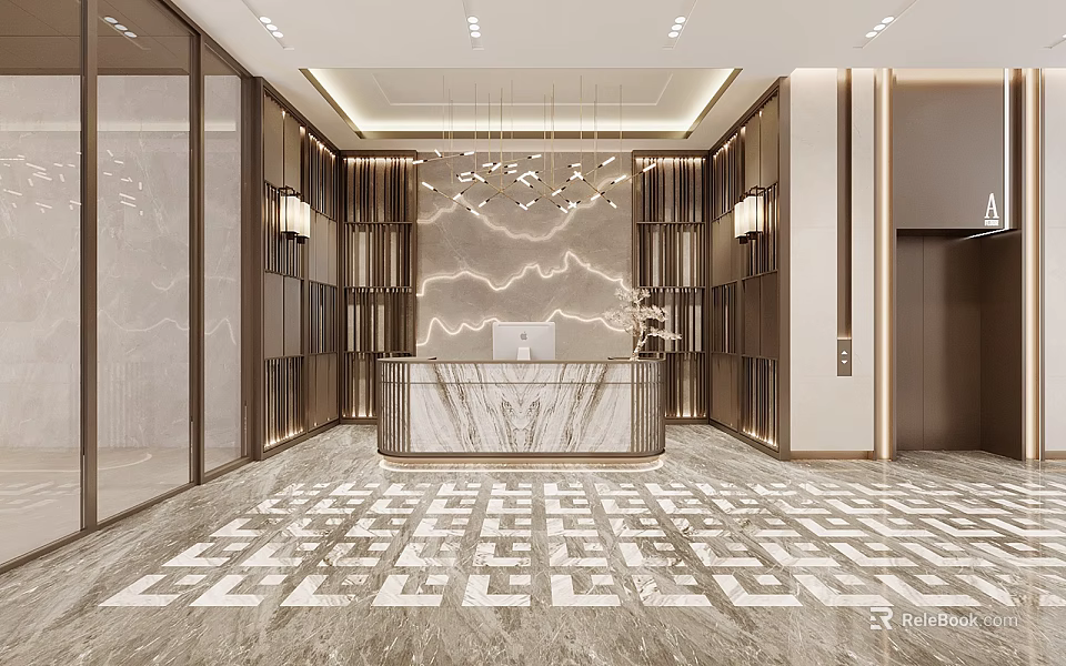 Elegant Hotel Lobby Interior With Marble Reception Desk Geometric Patterned Floor And Decorative Wall 3d model 