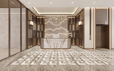 New Chinese Front Desk Lobby Elevator Chinese Screen Landscape Wall 3d model