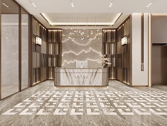 New Chinese Front Desk Lobby Elevator Chinese Screen Landscape Wall 3d model