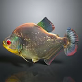 Vibrant Spotted Tropical Fish with Red Eyes Shiny Scales and Colorful Fins on Gray Background