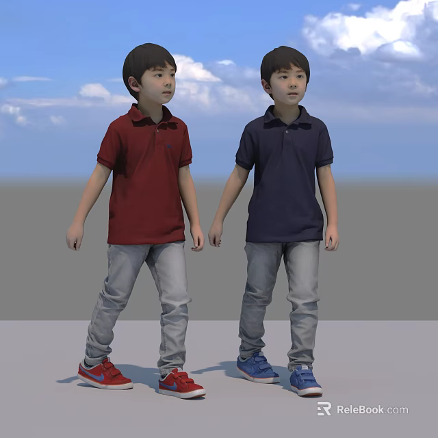 Two Boys in Red and Navy Polo Shirts with Gray Jeans and Colorful Shoes 3d model 