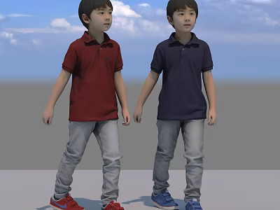 Two Boys in Red and Navy Polo Shirts with Gray Jeans and Colorful Shoes 3d model