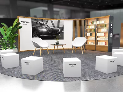 Modern Lounge Area With White Chairs Round Coffee Table Green Plants Decorative Painting And Bookshelves 3d model