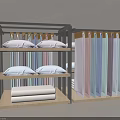 Modern Storage Rack With Stacked Bed Sheets Pillows And Hanging Colorful Fabrics