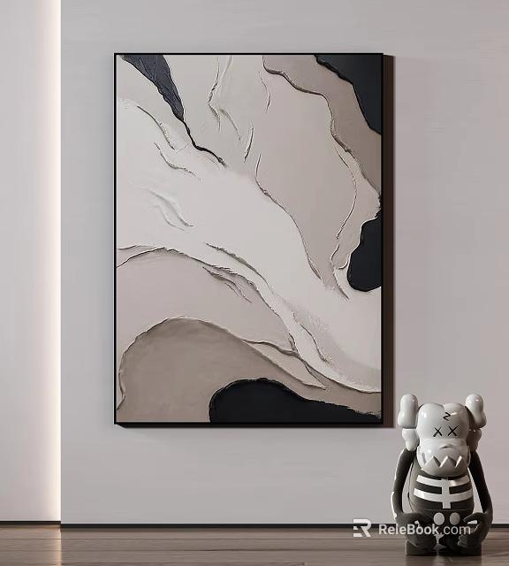 Abstract Black White Gray Wavy Texture Wall Art With Decorative Doll 3d model 
