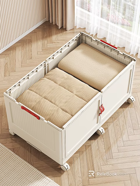 Practical White Storage Cabinet with Red Handles Cushioned Inserts and Wheels on Wooden Floor 3d model 