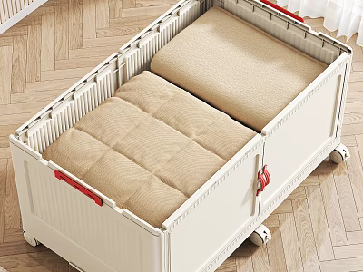 Practical White Storage Cabinet with Red Handles Cushioned Inserts and Wheels on Wooden Floor 3d model
