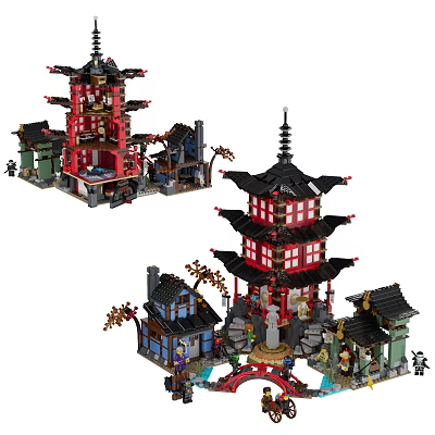 Building Blocks Constructed Chinese Style Pagoda With Multi Layered Red Black Roofs And Small Buildings 3d model