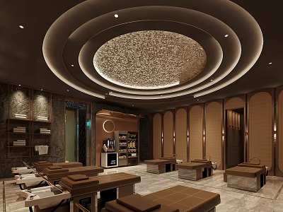 SPA Sauna Interior Design with Circular Ceiling Wooden Walls and Luxurious Loungers 3d model