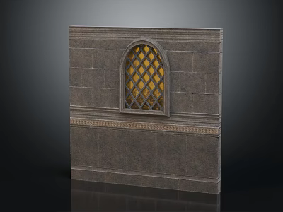 Classical Style Casement Window With Diamond Lattice On Stone Wall Surface 3d model