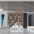Modern Corporate Exhibition Hall With White Walls Black Marble Floor And Display Shelves