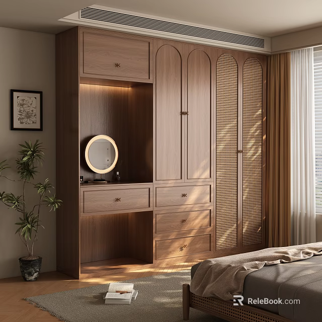 Modern Wooden Wardrobe with Drawers and Round Mirror in Bedroom with Plant and Curtains 3d model 