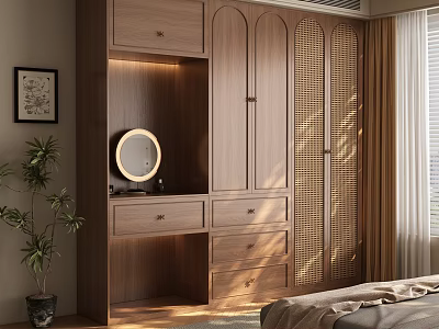 Modern Wooden Wardrobe with Drawers and Round Mirror in Bedroom with Plant and Curtains 3d model