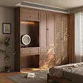 Modern Wooden Wardrobe with Drawers and Round Mirror in Bedroom with Plant and Curtains