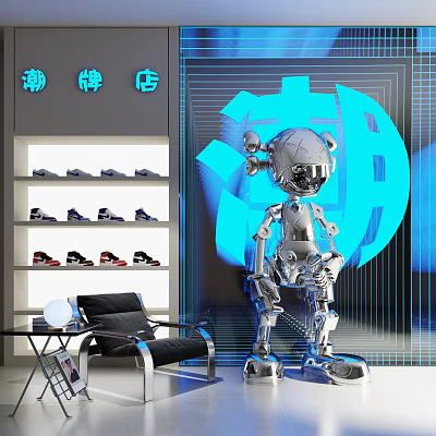 Trendy Clothing Store Featuring Sneakers on Shelves Silver Robot Sculpture and Blue Neon Lights 3d model