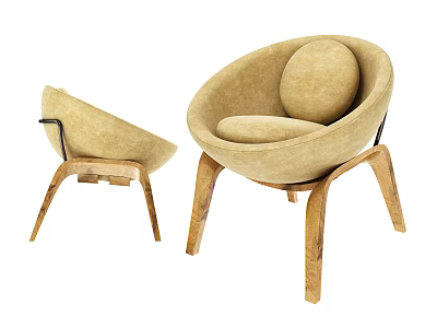 Beige Fabric Lounge Chair With Curved Backrest Round Cushion And Solid Wood Legs 3d model